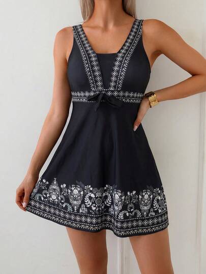 Swim Lushoire 女士印花保守款坦克比基尼泳衣，黑色沙滩度假两件式泳衣