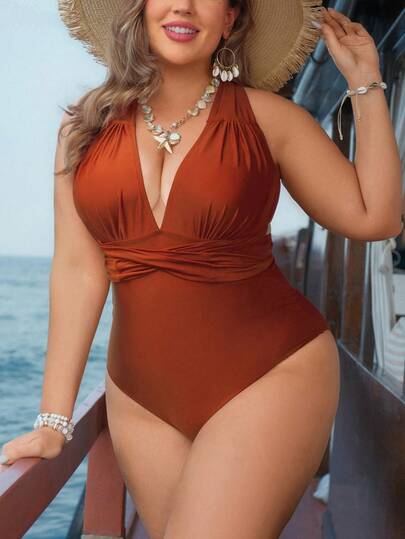 Swim Lushoire Plus Size One-Piece Swimsuit For Women, Triangle Style With Waist Ruching Design, Deep V-Neck Tie Front
