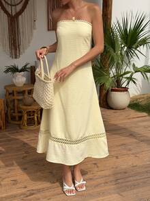 Strévra 春夏镂空蕾丝拼接露肩抹胸连衣裙，休闲简约商务风，适合情人节、婚礼、派对、时尚活动等场合，优雅中长连衣裙，女士吊带裙 - 淡黃色 - 查看 6