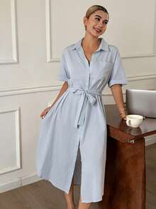 DAZY 优雅简约衬衫裙，收腰中长款，女士家居服，春夏款 - 淺藍色 - 查看 5
