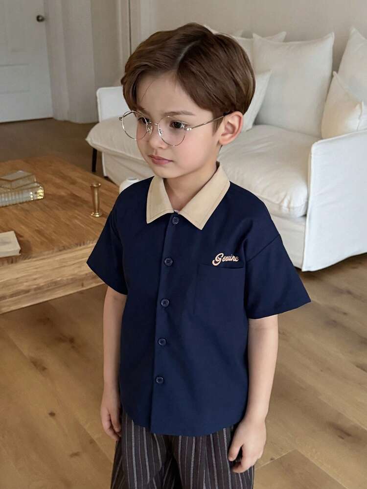 Young Boy Casual Contrast Collar Short Sleeve Shirt, Summer