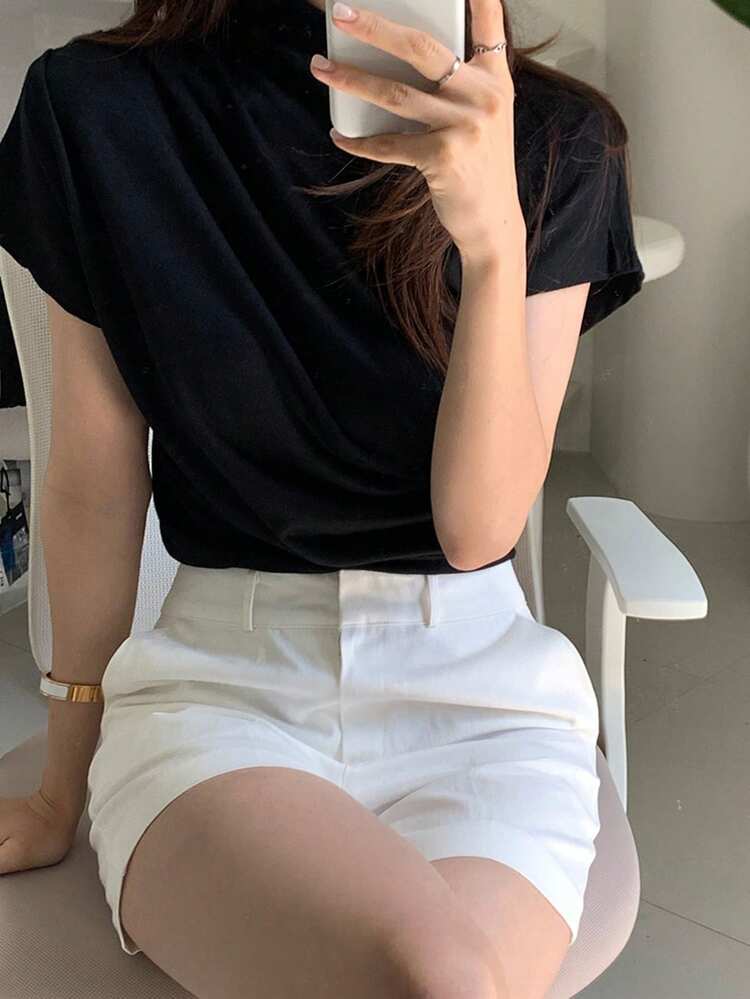 Women's Ruched High Neck Short Sleeve T-Shirt, Flattering Design, Casual Chic Blouse Summer