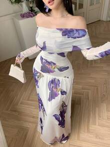 DAZY 优雅女士露肩紫色长裙 - 紫色 - 查看 4