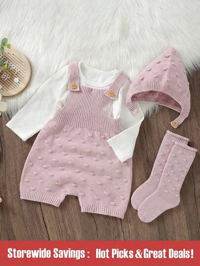 嬰兒女孩粉色休閒簡約舒適柔軟連身衣連帽、襪子和毛衣三件套裝