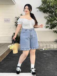 Rivivi 大码女式荷叶边口袋纽扣休闲百搭日常牛仔短裤 - 淺色水洗藍 - 查看 6