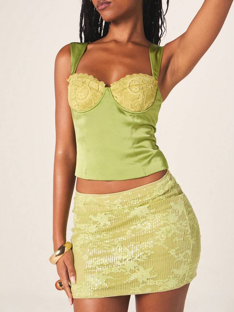 MISSGUIDED Damen Limette Pailletten Mini Bodycon Rock Hoher Bund Funkelnde Party Club Abend Glitzernde Nachtleben Statement Piece