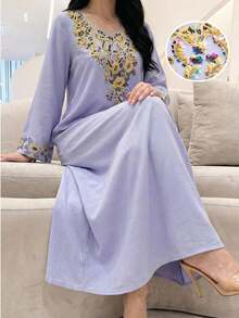 Al Najma 优雅、奢华、浪漫的刺绣串珠装饰土耳其女士长裙，阿拉伯传统长袍 - 紫色 - 查看 1