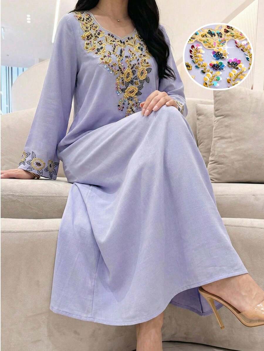 Al Najma 优雅、奢华、浪漫的刺绣串珠装饰土耳其女士长裙，阿拉伯传统长袍 - 紫色 - 查看 1