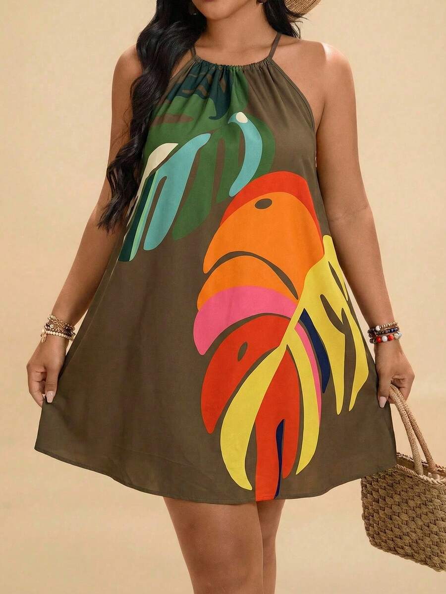 SHEIN TRVLCHIC Plus Size Women Tropical Plant Print Casual Halter Dress - Khaki - View 1