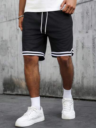 SLATEMANN 男士街头学院风运动休闲装，INS风黑色休闲短裤，高街黑白撞色设计。宽松短裤采用抽绳设计，适合音乐节和日常穿着。