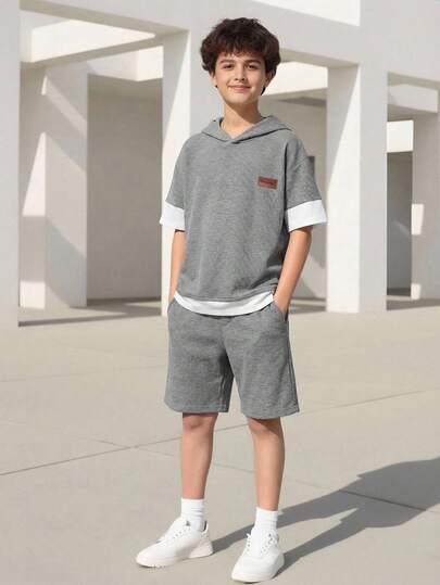 Vacaura 2pcs/Set Casual Basic Grey Waffle Texture Contrast Color T-Shirt & Shorts Set For Teenage Boys, Fashion & Suitable For Daily, Commute, Sports Wear Teen Boy Two Piece Set Boys Grey Outfit