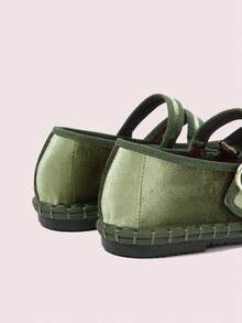 CUCCOO DOLLMOD Women's Grey Elegant Velvet Classic Comfortable Velvet Parallel Double Strap Mary Jane Flat Shoes - Army Green - View 10