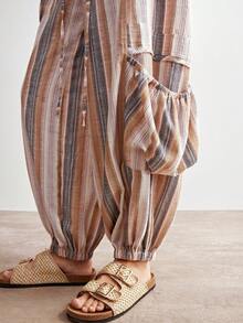 Bohemela Boho Spring/Summer Casual Woven Striped Loose Women's Long Pants, Vintage Stripes, Valentine's Day Outfit, Women's Vacation Outfit, Western Country–Style Music Festival Outfit, Women's Holiday Outfit, Beach Vacation Outfit, Back-To-School Outfit, Summer Women's Shirt, Carnival Costume, Women's Spring & Summer Outfit - Khaki - View 5
