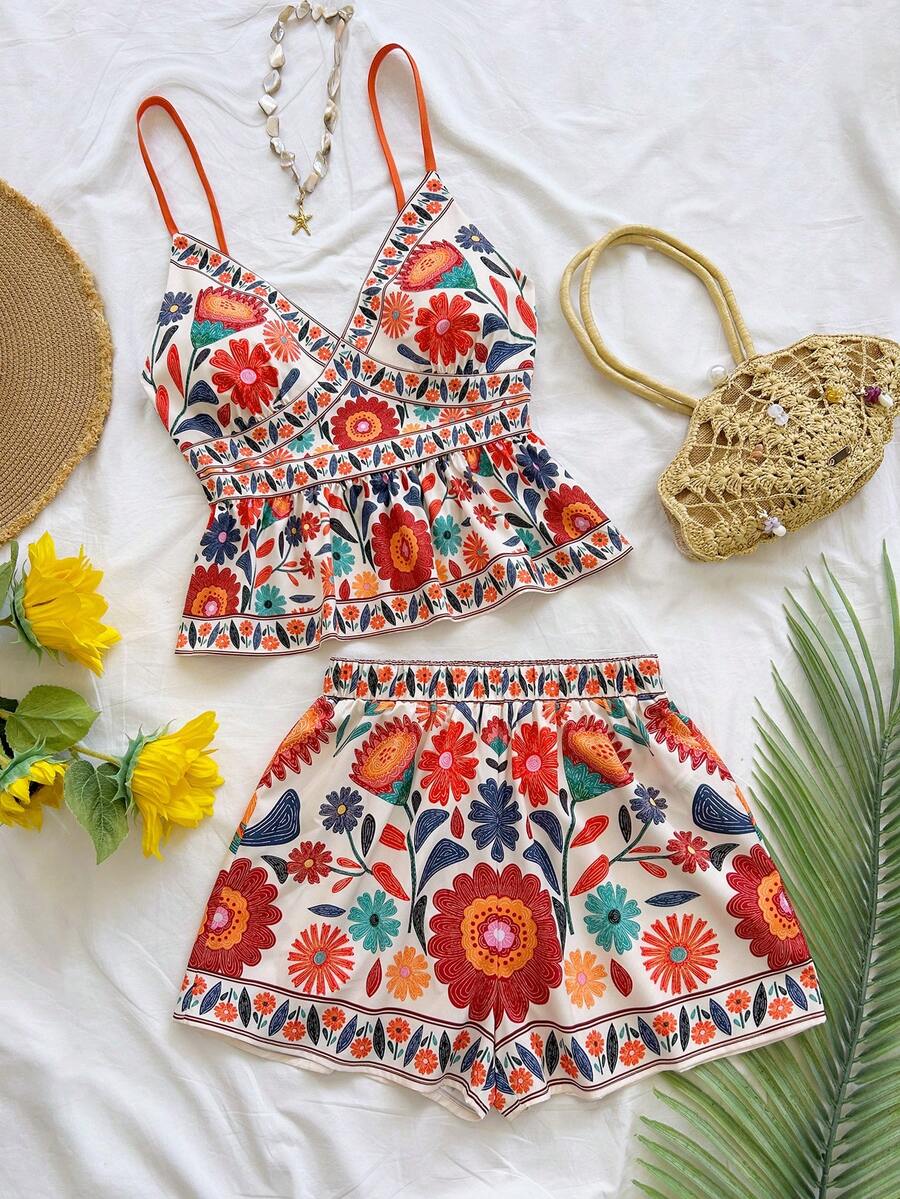Soleia Set da 2 pezzi con canotta a stampa floreale e pantaloncini, outfit casual da vacanza per donna - Multicolore - Visualizzare 1