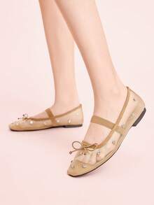 CUCCOO DOLLMOD Ladies Light Brown Mesh Breathable Mary Jane Flats, Rhinestones Embellished Spring Shoes - Light brown - View 3