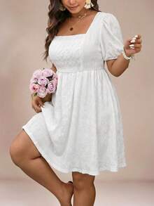 SHEIN VCAY 大码女式纯色短款泡泡袖方领连衣裙 - 白色 - 查看 4