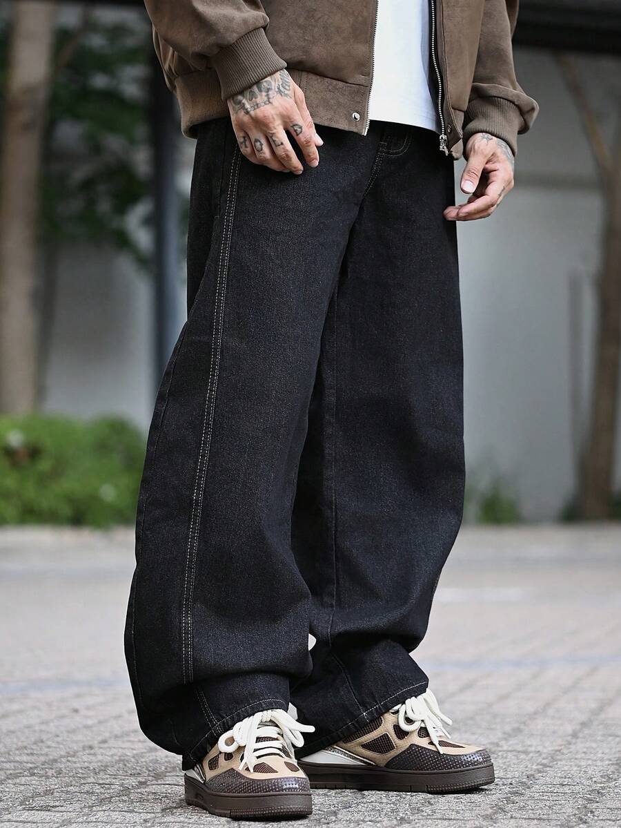 Devon Thys Quần Jeans Ống Rộng Rộng Cổ Điển Cho Nam, Phong Cách Đường Phố Thường Ngày Tiên Phong - Quần Áo Liền Quần Rộng Vừa Vặn Thời Trang - màu đen - Xem 1