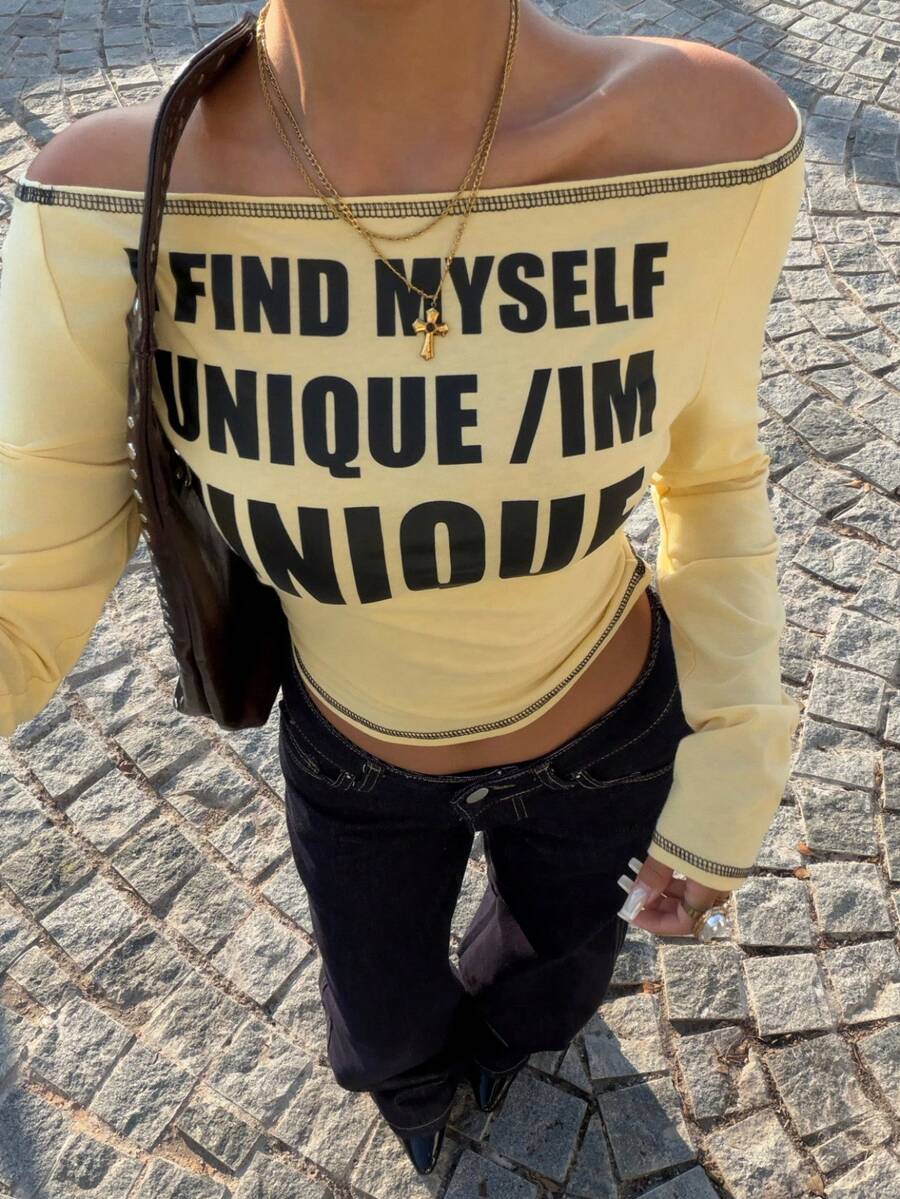 Muchica 女士黄色针织印花露肩T恤 - 黃色 - 查看 1