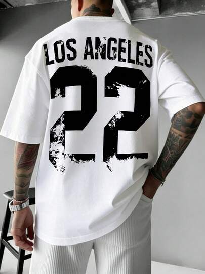 Manfinity LEGND Camiseta de manga corta casual deportiva blanca con número 22 de Los Ángeles, estilo retro urbano para hombres