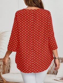 EMERY ROSE 大码女式休闲波点印花翻领卷袖秋季衬衫 - 酒紅色 - 查看 2