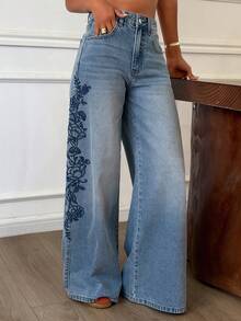 DAZY Quần jeans nữ ống đứng dáng rộng, cạp thường, thêu họa tiết bên hông, kiểu dáng thường ngày. - Rửa nhẹ - Xem 4