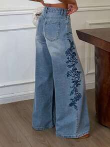 DAZY Quần jeans nữ ống đứng dáng rộng, cạp thường, thêu họa tiết bên hông, kiểu dáng thường ngày. - Rửa nhẹ - Xem 6