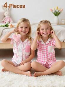 Conjunto de pijama de 4 piezas para niñas con estampado a cuadros y diseño de conejo, con polo de cuello corto y pantalones cortos - Multicolor - Ver 3