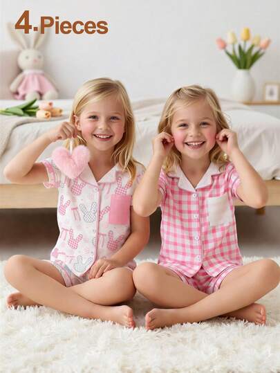 4件套女童可爱兔子格子印花POLO领短袖短裤睡衣套装