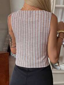 DAZY Áo blazer nữ cổ chữ V không tay, dáng ôm, kẻ sọc, thích hợp mặc mùa hè. - Xám - Xem 6