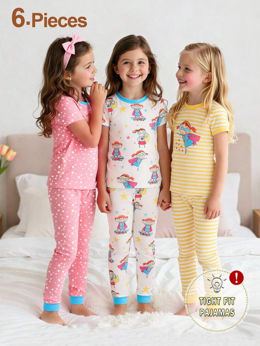 6件套女童可爱卡通印花短袖长裤针织贴身睡衣家居服套装 - 彩色 - 查看 1