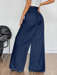 SHEIN Tall Women's Casual High Waist Wide Leg Washed Denim Jeans - Black - View 2