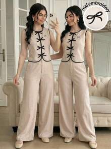Teen Girl Casual Elegant Commute Street Fashion Woven Contrast Binding Bow Embroidered Button Front Sleeveless Vest Top And Straight Leg Pants Set - Khaki - View 7