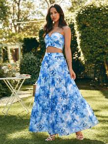 KARISMINA Women's Floral Print Camisole Top And Skirt 2 Pieces Set, Vacation - Blue - View 4