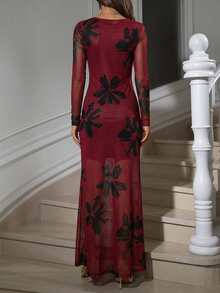 Aveloria Modichic 笔触花卉印花薄纱收腰连衣裙，女士优雅连衣裙 - 紅色 - 查看 3