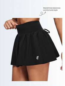 Eassivo Eassivo Women's Black Workout Skort With Tie‑Back Ruched Detail,High‑Rise Waist, Drawstring Ruched Back, Anti‑Chafe Inner Shorts - Black - View 17