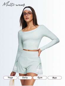 Eassivo Eassivo Áo tập yoga dài tay in họa tiết dành cho nữ, thiết kế nơ phối màu tương phản. - Màu xanh Cadet - Xem 6