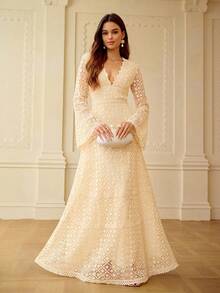 ZEYLAH Vestido de cuello en V con encaje, primavera/verano - Albaricoque - Ver 1
