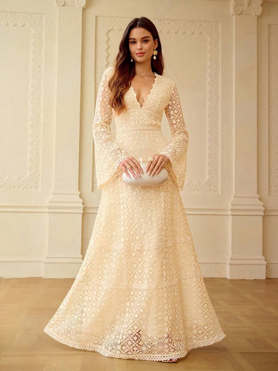 ZEYLAH Vestido de cuello en V con encaje, primavera/verano - Albaricoque - Ver 1