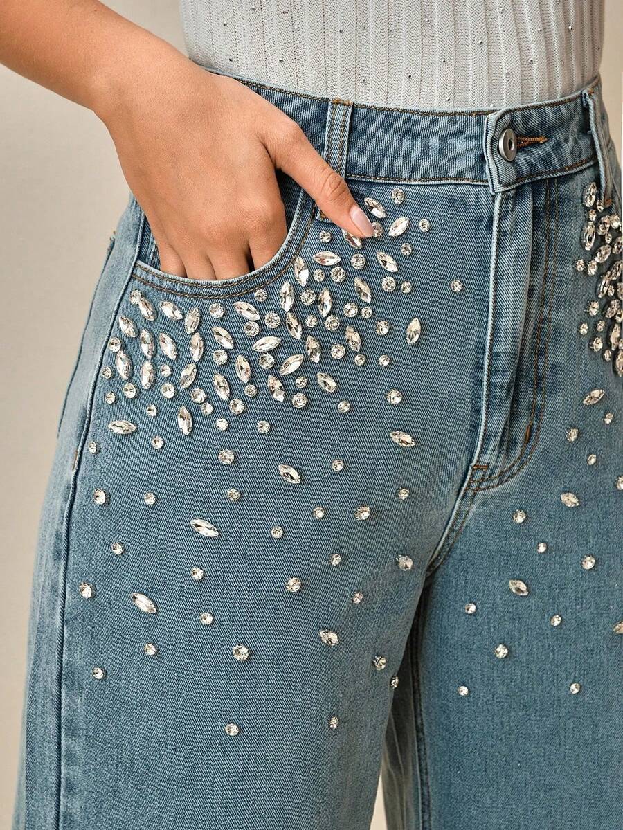 Anewsta Women's Spring Fashion Rhinestone Embellished Straight Leg Loose Wide-Leg Elegant Jeans - Blue - View 1