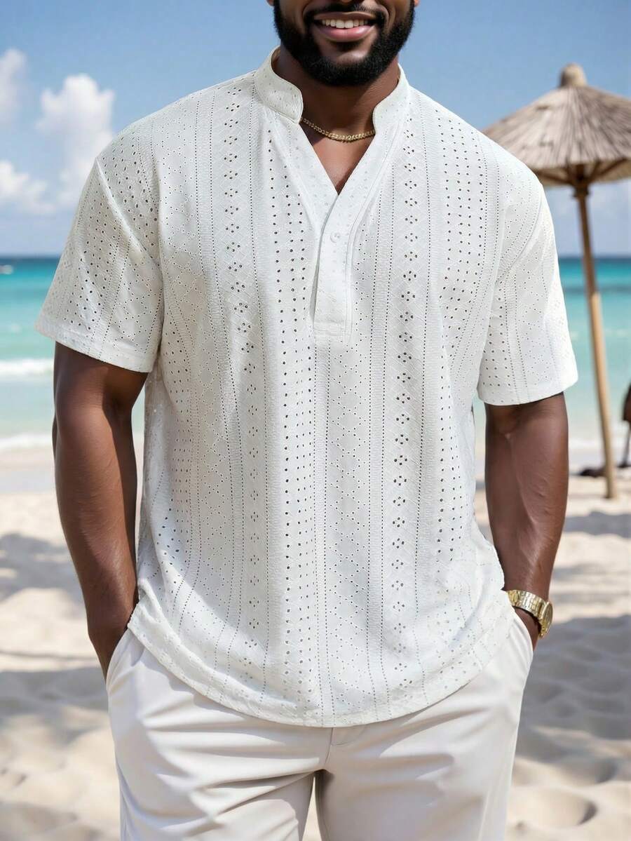 ResortEase Plus Size Men's Solid Color Burn-Out Embroidered Short Sleeve Casual Shirt - White - View 1