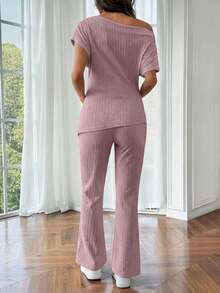 SHEIN 2 piezas Conjunto de camiseta y pantalones asimétricos de maternidad - Rosa coral - Ver 2