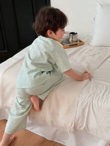 DAZY 男童条纹短袖单排扣口袋上衣和裤子睡衣套装 - 綠色 - 查看 2