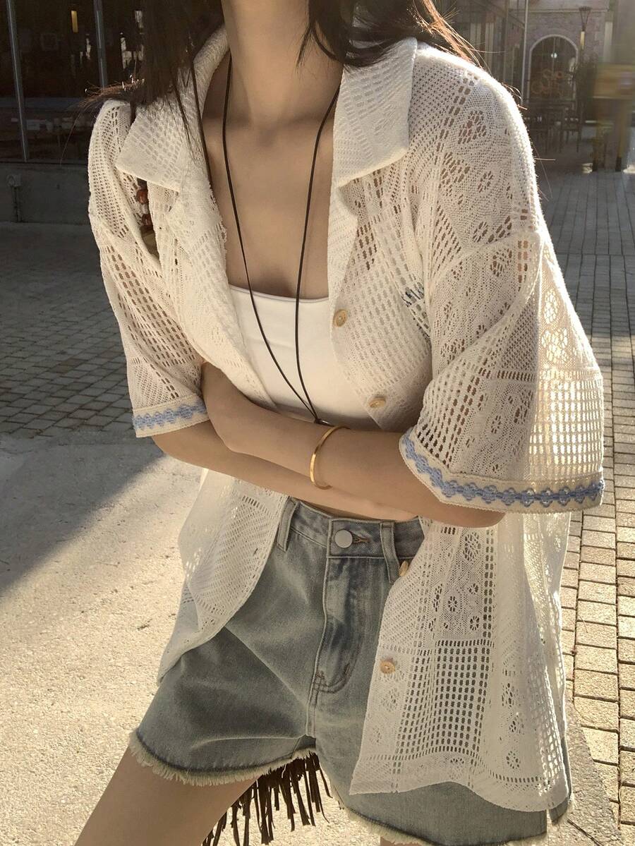 DAZY 女款復古鏤空蕾絲飾邊度假風短袖上衣 夏季校園風 - 白色 - 查看 1