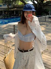 DAZY Atasan Camisole Halter Bergaris Esensial untuk Pantai Musim Panas Wanita - Biru - View 2