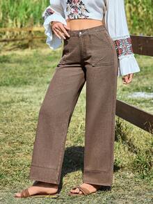 EMERY ROSE Women's Vacation Casual Washed Straight Leg Jeans - Khaki - View 3