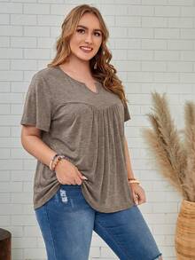 EMERY ROSE 大码夏季休闲纯色V领短袖T恤 - 巧克力棕 - 查看 3