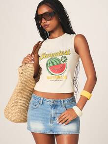 MISSGUIDED Sweetest Watermelon Graphic Tank Top With Vintage Inspired Fruit Print And Crew Neckline For Summer Casual Wear - Apricot - View 1
