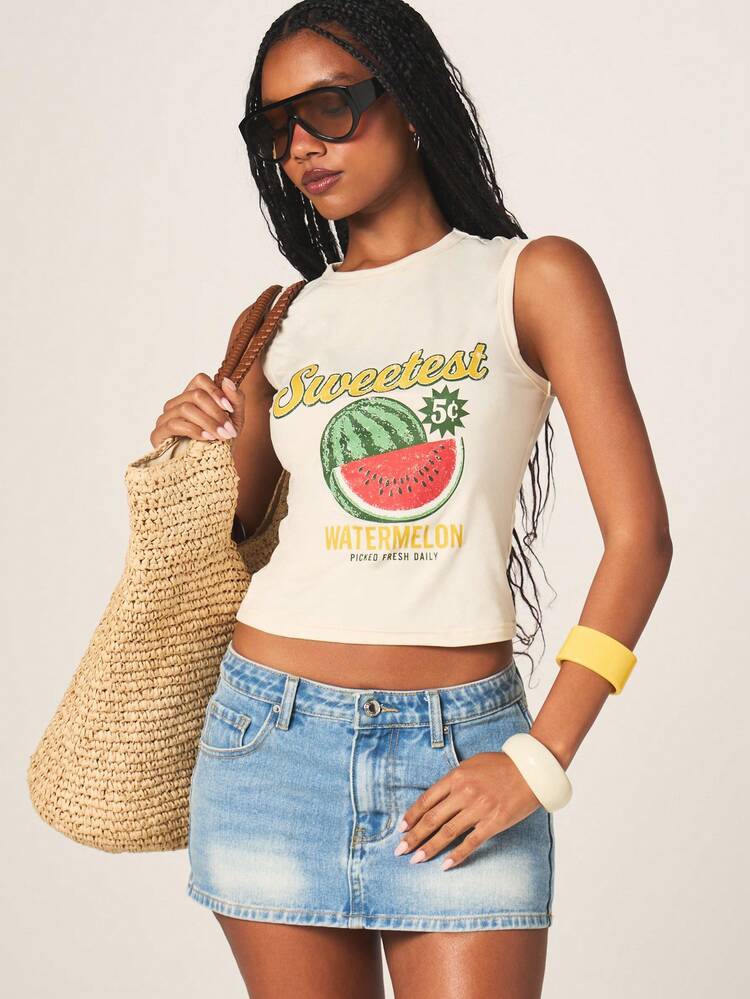 MISSGUIDED Sweetest Watermelon Graphic Tank Top With Vintage Inspired Fruit Print And Crew Neckline For Summer Casual Wear