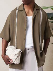 SUMWON Men's Casual Button Down Short Sleeve Shirt With Ladder Stitch Trim Detail Regular Fit Summer Beach Vacation Resort Wear - Brown - View 1