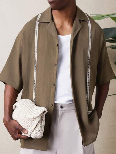 SUMWON Men's Casual Button Down Short Sleeve Shirt With Ladder Stitch Trim Detail Regular Fit Summer Beach Vacation Resort Wear